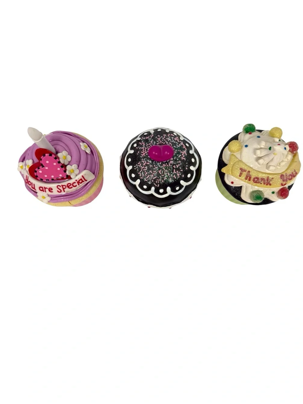 Decorative Pink and Green ceramic Cupcake trinket boxes and candle Set of three